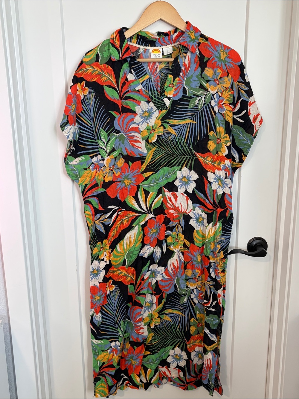 C&C California Linen Blend Black Tropical Floral Tunic Dress - Cruise